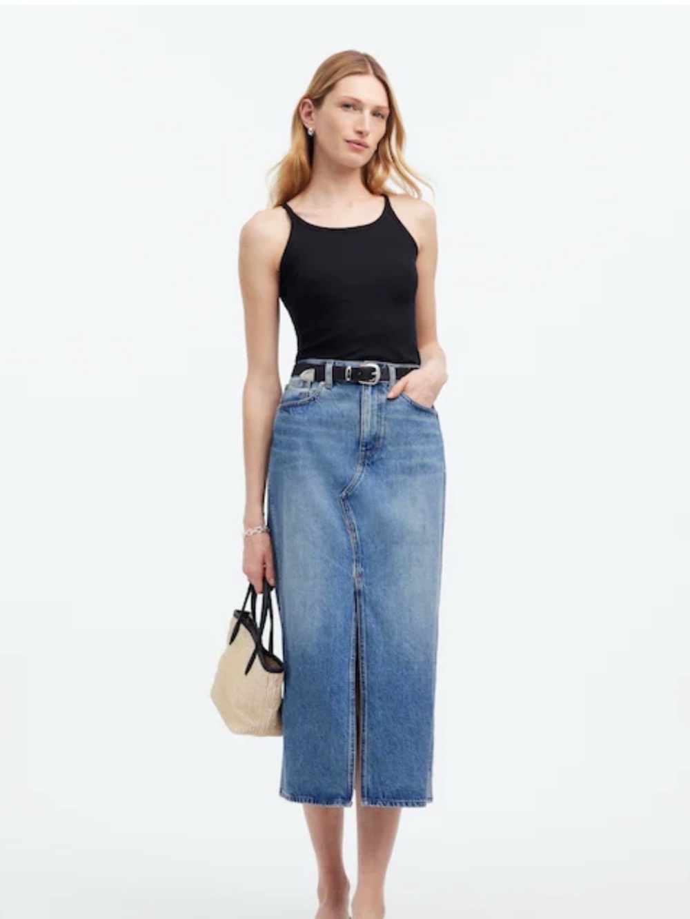 Madewell The Rilee 100% Cotton Denim Midi Skirt Enmore Wash Size 32